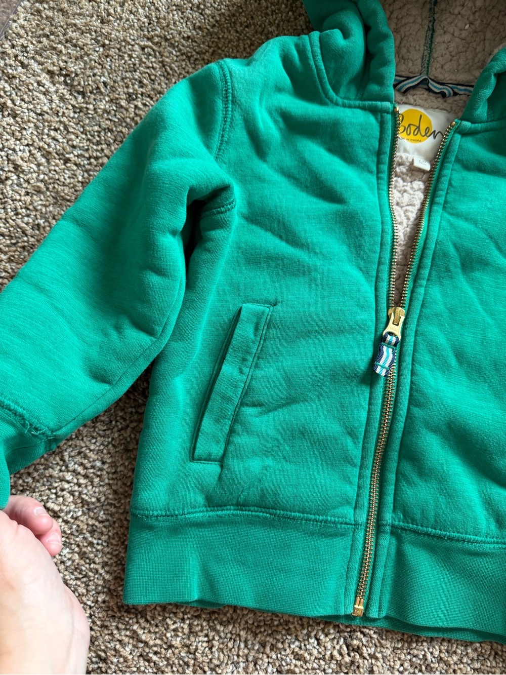 MINI BODEN Kelly Green Sherpa Lined Full-Zip Hooded Sweatshirt - Picture 2 of 6